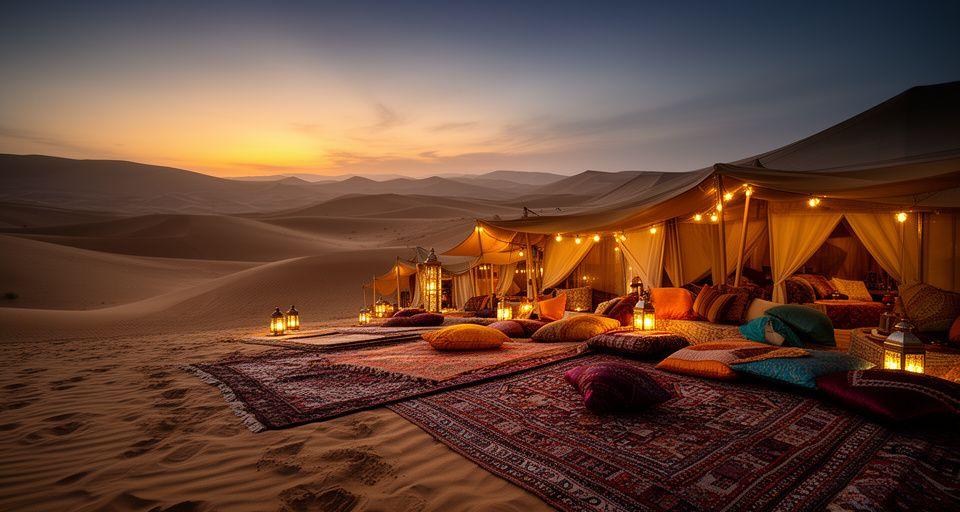 Tramonto dorato su dune maestose con un accampamento tendato di lusso illuminato da lanterne, cuscini in seta e tappeti berberi stesi sulla sabbia